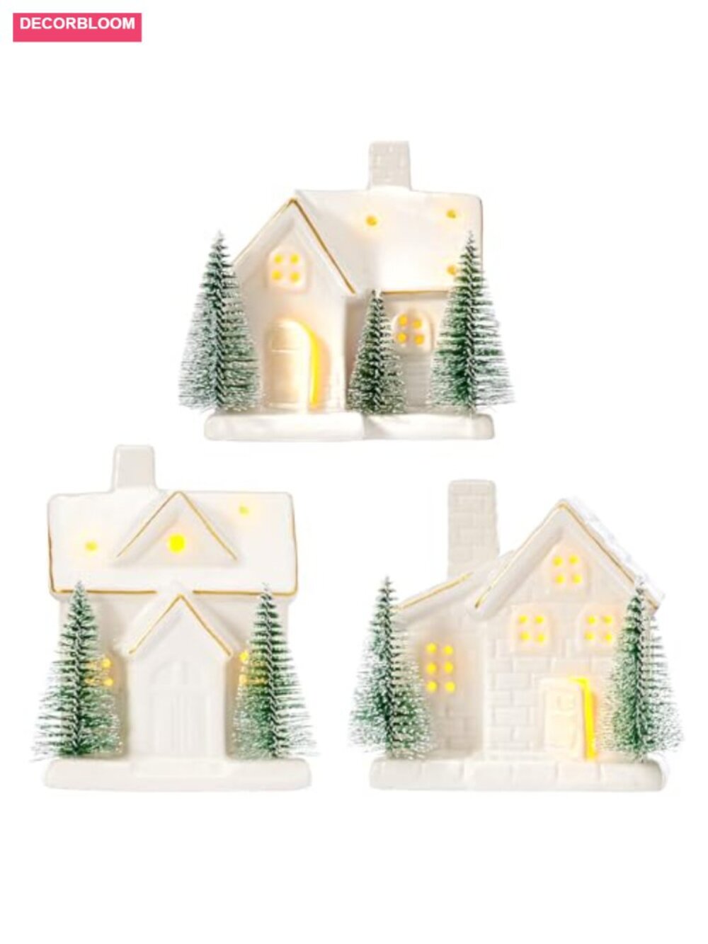 Set of 3 Ceramic Christmas Village Houses Lighted Tabletop Decor